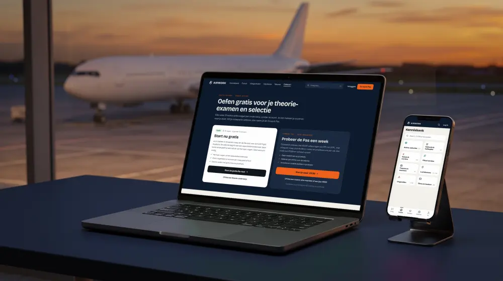 Laptop met de pagina Gratis oefenen op airwork.nl en een telefoon met de Airwork-kennisbank, bij een raam met uitzicht op het platform