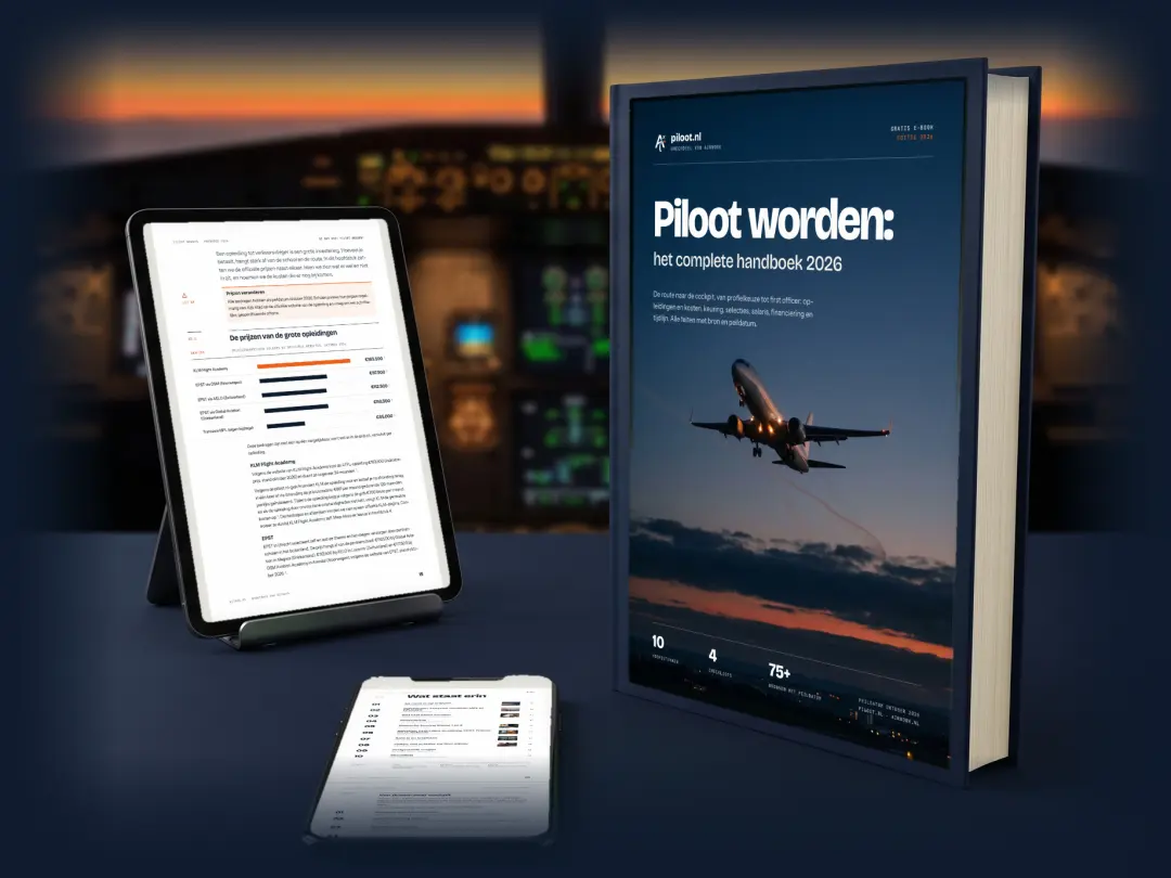 Het handboek Piloot worden 2026 als gebonden boek, met de kostenpagina op een tablet en de inhoudsopgave op een telefoon, in een cockpit bij zonsondergang