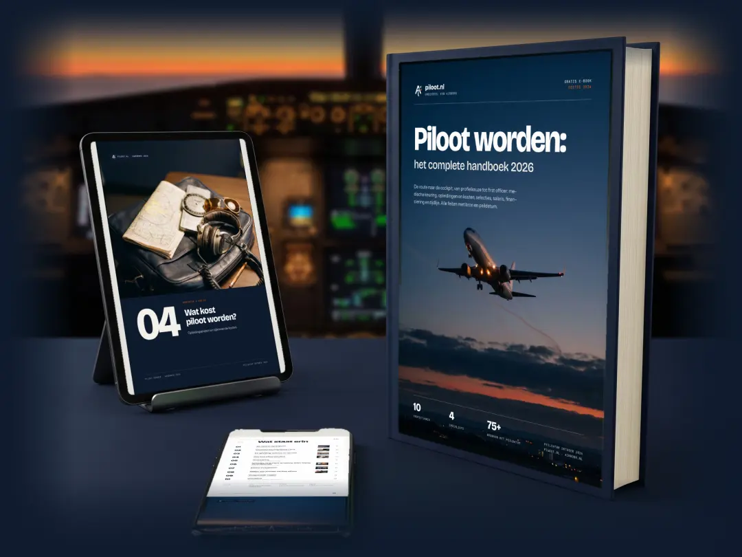 Het handboek Piloot worden 2026 als gebonden boek, met de kostenpagina op een tablet en de inhoudsopgave op een telefoon, in een cockpit bij zonsondergang